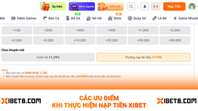 Các ưu điểm khi thực hiện nạp tiền Xibet